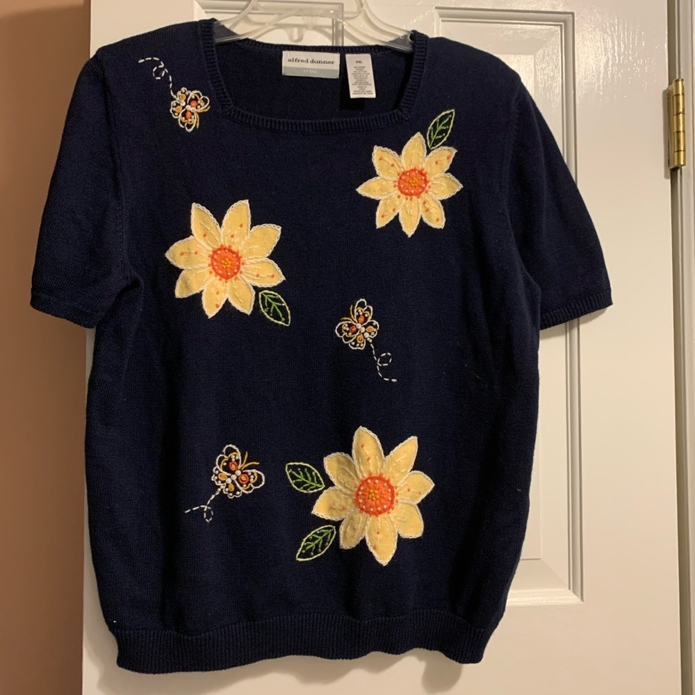 NWOT! blue Floral Sweater with Square Neckline - Picture 1 of 6